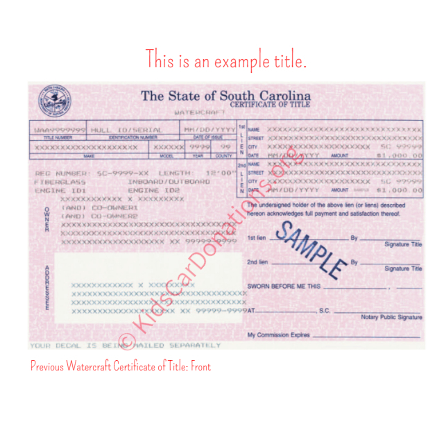This is an Example of South Carolina Previous Watercraft Certificate of Title Front View | Kids Car Donations